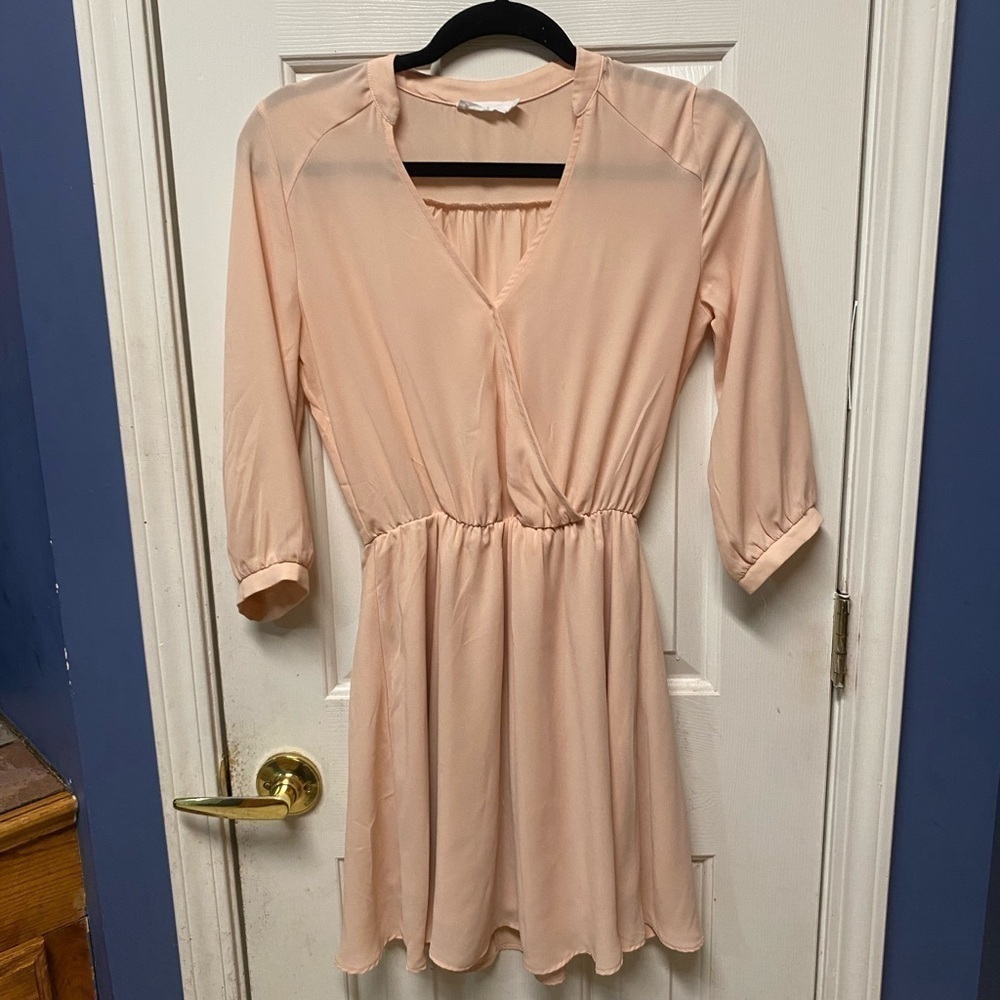 Lush Pink Faux Wrap  A- line , fit and flare Dress 15 v-neck 3/4 sleeve